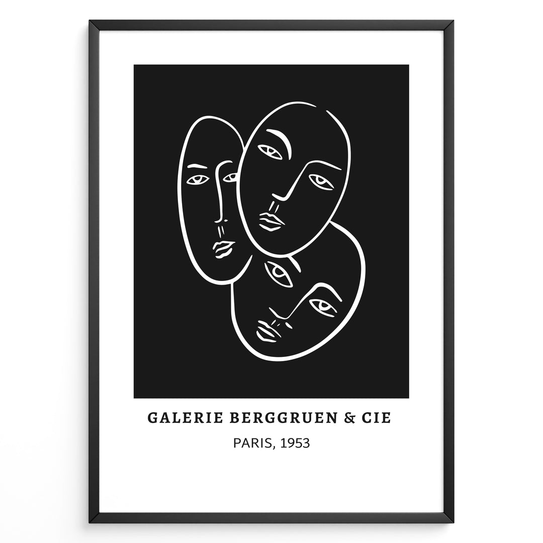 Galerie Berggruen Plakat | Matisse Poster | Tre abstrakte ansigter tegnet med hvide linjer på sort baggrund