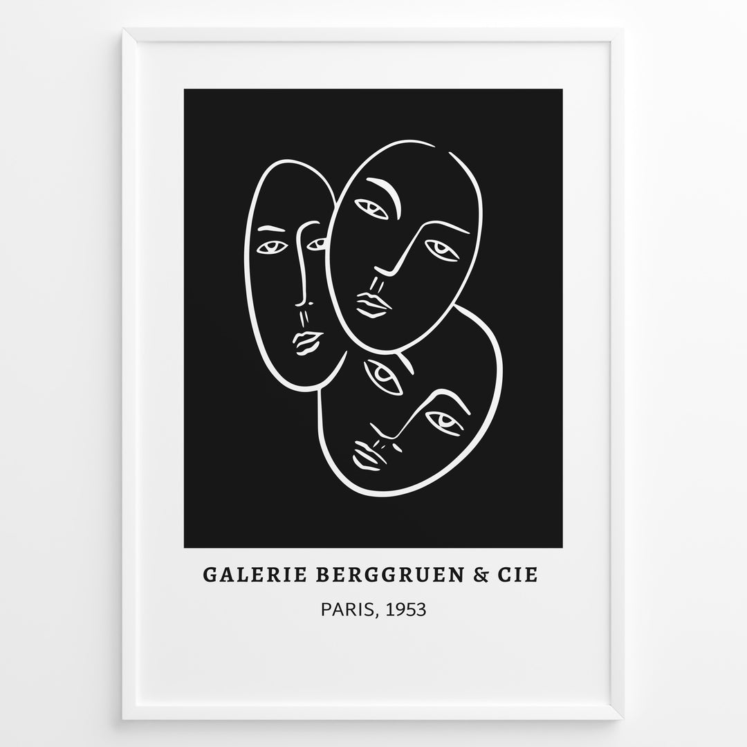 Galerie Berggruen Plakat | Matisse Poster | Tre abstrakte ansigter tegnet med hvide linjer på sort baggrund