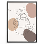 Load image into Gallery viewer, Abstract line art poster of a hand pouring coffee into a cup with beige and brown shapes.
