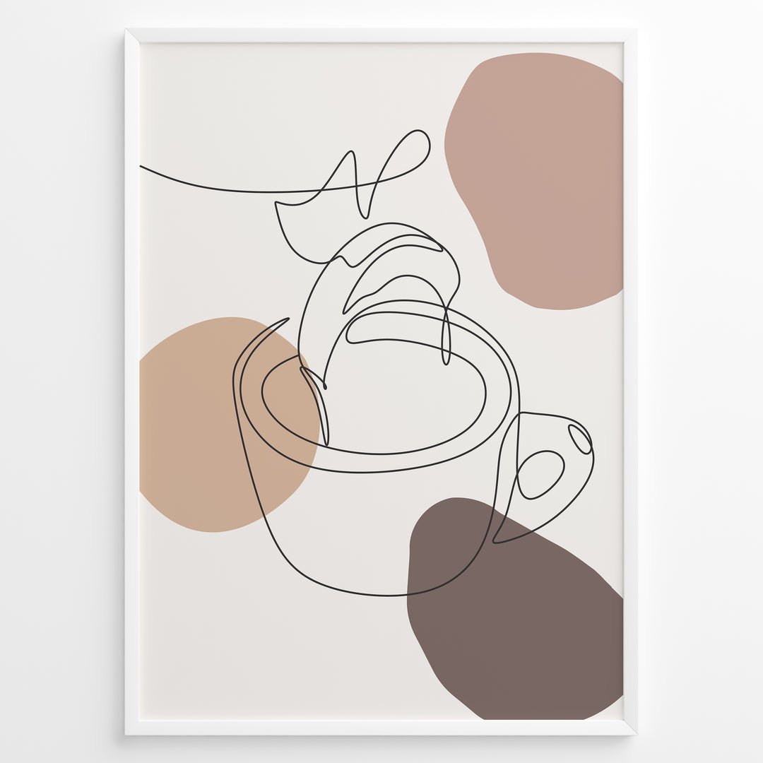 Abstract line art poster of a hand pouring coffee into a cup with beige and brown shapes.
