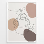 Load image into Gallery viewer, Abstract line art poster of a hand pouring coffee into a cup with beige and brown shapes.
