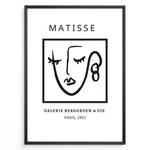 Load image into Gallery viewer, Galerie Berggruen Face Plakat | Matisse Poster | Minimalistisk line drawing af et ansigt med teksten &quot;Matisse&quot; og &quot;Galerie Berggruen &amp; Cie, Paris, 1953&quot;
