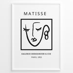 Load image into Gallery viewer, Galerie Berggruen Face Plakat | Matisse Poster | Minimalistisk line drawing af et ansigt med teksten &quot;Matisse&quot; og &quot;Galerie Berggruen &amp; Cie, Paris, 1953&quot;
