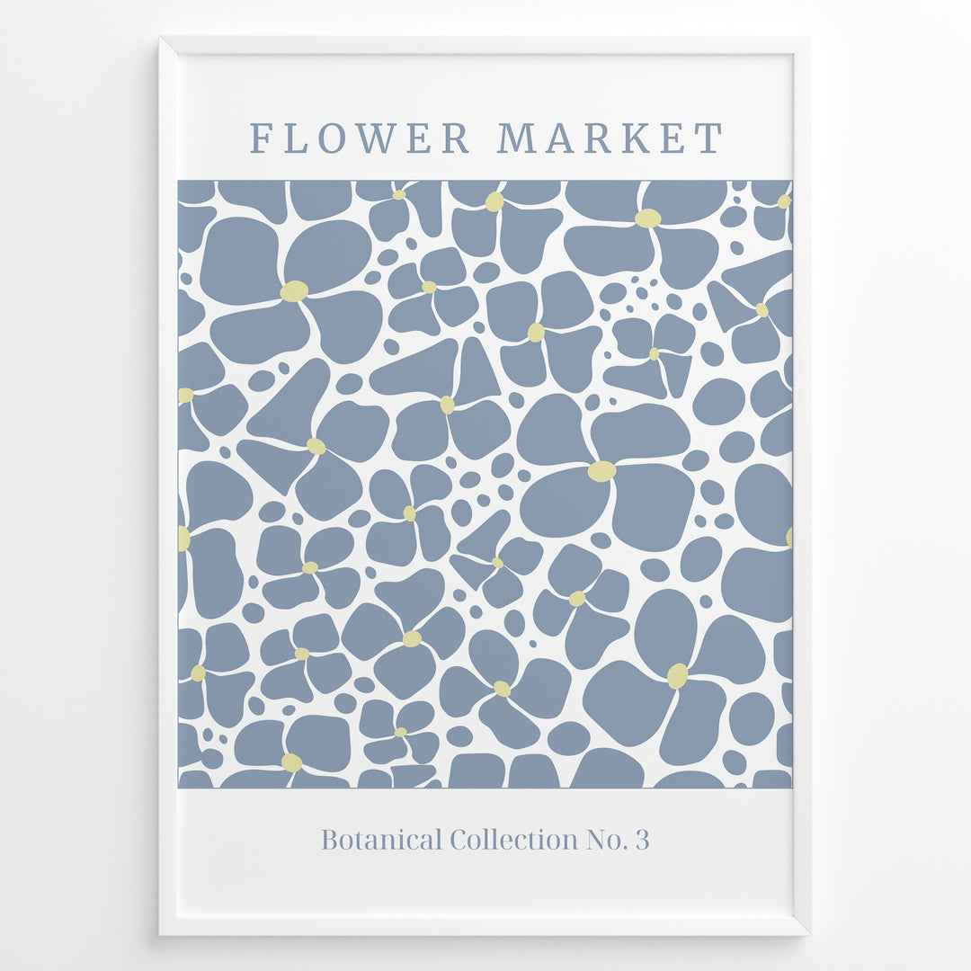 Flower Market No. 3 Plakat | Matisse Poster | Blå blomster i tæt mønster med teksten "Botanical Collection No. 3"