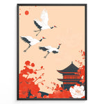 Load image into Gallery viewer, Japanese-style poster with three flying cranes, red floral elements, and a traditional temple against a soft peach background, framed in black.
