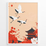 Load image into Gallery viewer, Japanese-style poster with three flying cranes, red floral elements, and a traditional temple against a soft peach background, framed in black.
