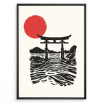 Load image into Gallery viewer, Minimal Japanese poster with a torii gate over ocean waves and a large red sun, in black and red on a cream background, framed in black.
