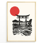 Load image into Gallery viewer, Minimal Japanese poster with a torii gate over ocean waves and a large red sun, in black and red on a cream background, framed in black.
