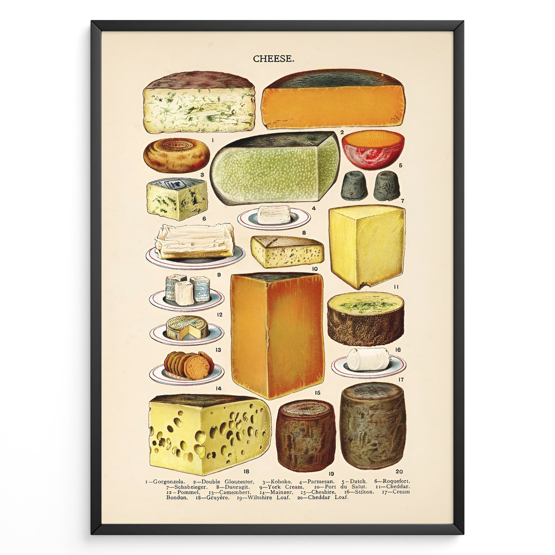 Vintage cheese chart poster displaying different types of cheeses with names and illustrations in a black frame.