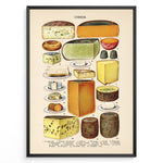 Load image into Gallery viewer, Vintage cheese chart poster displaying different types of cheeses with names and illustrations in a black frame.
