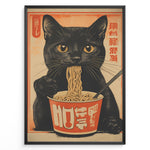 Load image into Gallery viewer, Vintage Japanese poster of a black cat eating ramen noodles from a cup, with warm orange and beige tones and stylized text, framed in black.
