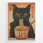 Load image into Gallery viewer, Vintage Japanese poster of a black cat eating ramen noodles from a cup, with warm orange and beige tones and stylized text, framed in black.
