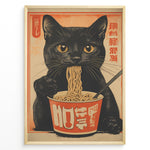 Load image into Gallery viewer, Vintage Japanese poster of a black cat eating ramen noodles from a cup, with warm orange and beige tones and stylized text, framed in black.
