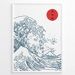 Load image into Gallery viewer, Minimal Japanese wave illustration with bold blue line art, a large wave, Mount Fuji, and a red sun with Japanese text, framed in black.
