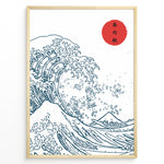 Load image into Gallery viewer, Minimal Japanese wave illustration with bold blue line art, a large wave, Mount Fuji, and a red sun with Japanese text, framed in black.
