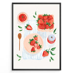 Load image into Gallery viewer, Strawberry-themed kitchen poster with hand-painted strawberries, jam jar, and wooden spoon on a striped cloth background.
