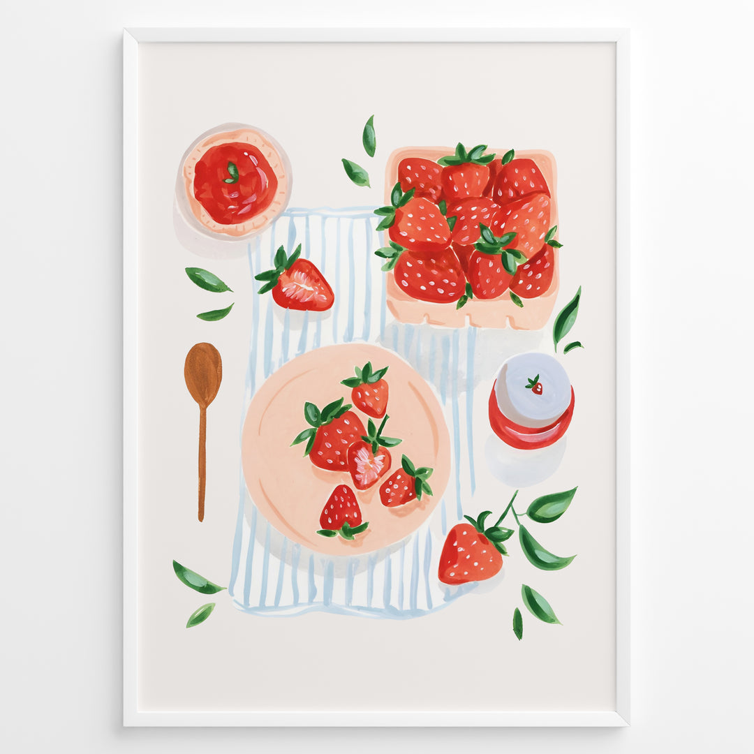 Strawberry-themed kitchen poster with hand-painted strawberries, jam jar, and wooden spoon on a striped cloth background.