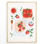 Load image into Gallery viewer, Strawberry-themed kitchen poster with hand-painted strawberries, jam jar, and wooden spoon on a striped cloth background.
