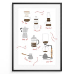 Load image into Gallery viewer, Illustrated coffee brewing methods poster showing pour-over, moka pot, French press, AeroPress, and cold brew equipment in a black frame.
