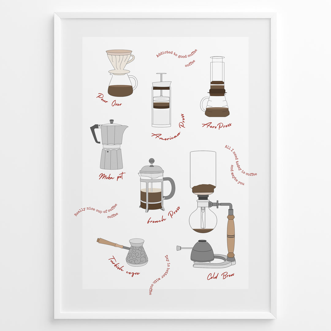 Illustrated coffee brewing methods poster showing pour-over, moka pot, French press, AeroPress, and cold brew equipment in a white frame.
