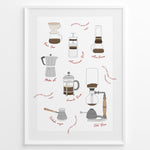 Load image into Gallery viewer, Illustrated coffee brewing methods poster showing pour-over, moka pot, French press, AeroPress, and cold brew equipment in a white frame.

