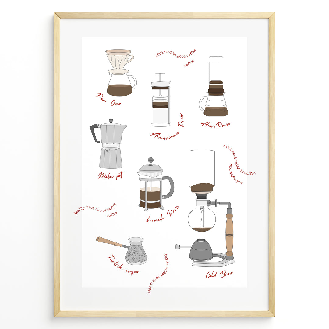 Illustrated coffee brewing methods poster showing pour-over, moka pot, French press, AeroPress, and cold brew equipment in a golden frame.