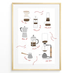 Load image into Gallery viewer, Illustrated coffee brewing methods poster showing pour-over, moka pot, French press, AeroPress, and cold brew equipment in a golden frame.
