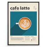 Load image into Gallery viewer, Cafe latte art print plakat showing a top-view coffee cup with latte foam art on a blue background framed in black.
