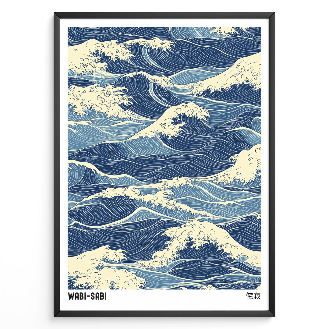 Japanese-style illustration of blue ocean waves with wabi-sabi text in a minimalist framed poster.