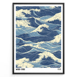 Load image into Gallery viewer, Japanese-style illustration of blue ocean waves with wabi-sabi text in a minimalist framed poster.
