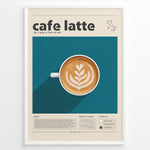 Load image into Gallery viewer, Cafe latte art print plakat showing a top-view coffee cup with latte foam art on a blue background framed in black.
