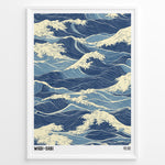 Load image into Gallery viewer, Japanese-style illustration of blue ocean waves with wabi-sabi text in a minimalist framed poster.
