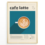 Load image into Gallery viewer, Cafe latte art print plakat showing a top-view coffee cup with latte foam art on a blue background framed in black.
