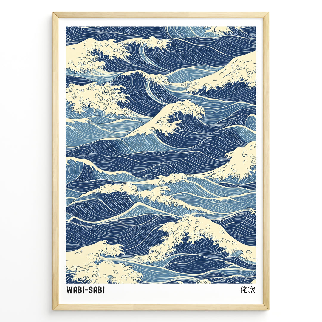 Japanese-style illustration of blue ocean waves with wabi-sabi text in a minimalist framed poster.