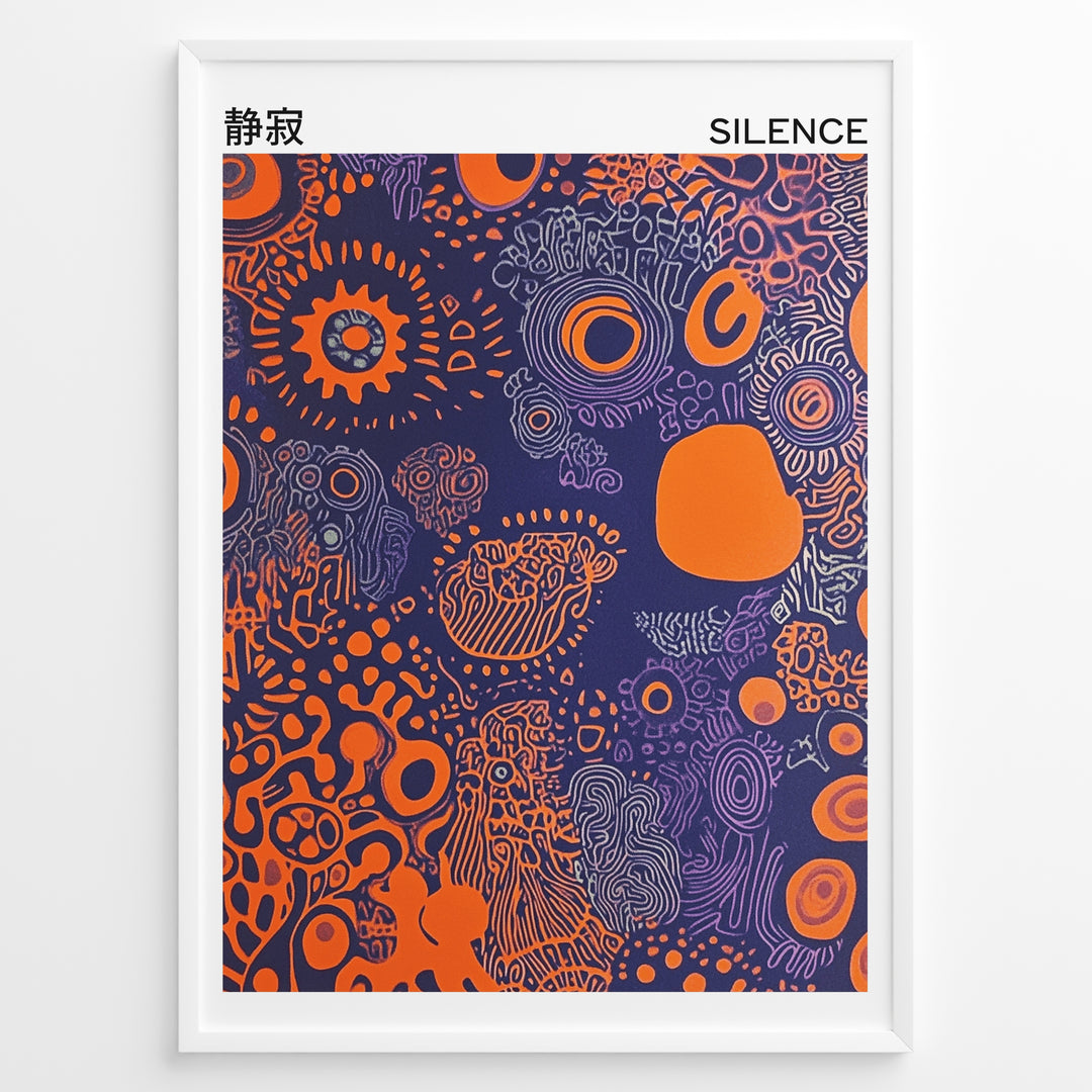 Abstract poster with orange shapes and purple line patterns on a dark blue background, titled “Silence” with Japanese text, framed in black.