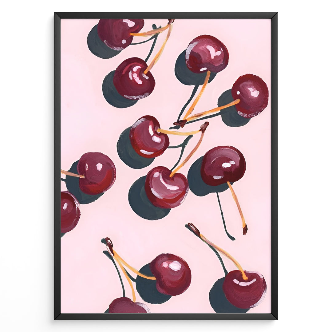 Cherry art print plakat with hand-painted red cherries and stems on a pink background in a black frame.