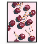 Load image into Gallery viewer, Cherry art print plakat with hand-painted red cherries and stems on a pink background in a black frame.
