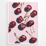 Load image into Gallery viewer, Cherry art print plakat with hand-painted red cherries and stems on a pink background in a white frame.
