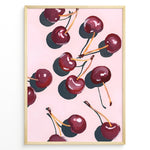 Load image into Gallery viewer, Cherry art print plakat with hand-painted red cherries and stems on a pink background in a golden frame.
