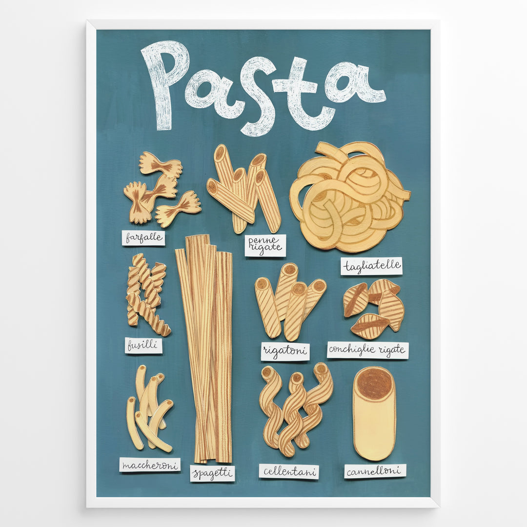 Illustrated pasta types poster showing spaghetti, penne, rigatoni, fusilli, and tagliatelle on a blue background in a white frame.