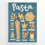 Load image into Gallery viewer, Illustrated pasta types poster showing spaghetti, penne, rigatoni, fusilli, and tagliatelle on a blue background in a white frame.
