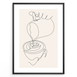 Load image into Gallery viewer, Minimalist coffee line art poster showing a hand pouring milk into a coffee cup to create latte art.
