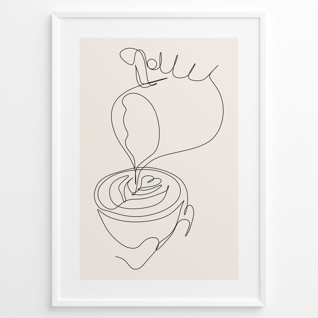 Minimalist coffee line art poster showing a hand pouring milk into a coffee cup to create latte art.