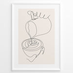 Load image into Gallery viewer, Minimalist coffee line art poster showing a hand pouring milk into a coffee cup to create latte art.
