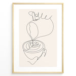 Load image into Gallery viewer, Minimalist coffee line art poster showing a hand pouring milk into a coffee cup to create latte art.
