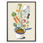 Load image into Gallery viewer, Whimsical vegetable soup illustration plakat showing ingredients like carrots, herbs, and garlic being poured into a cooking pot.
