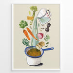Load image into Gallery viewer, Whimsical vegetable soup illustration plakat showing ingredients like carrots, herbs, and garlic being poured into a cooking pot.
