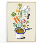 Load image into Gallery viewer, Whimsical vegetable soup illustration plakat showing ingredients like carrots, herbs, and garlic being poured into a cooking pot.
