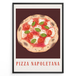 Load image into Gallery viewer, Italian Pizza Napoletana art print plakat with tomatoes, basil, and cheese on a dark red background framed in black.
