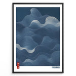 Load image into Gallery viewer, Japanese abstract wave line art in deep blue tones with “Yasuragi” text in a minimalist framed poster.
